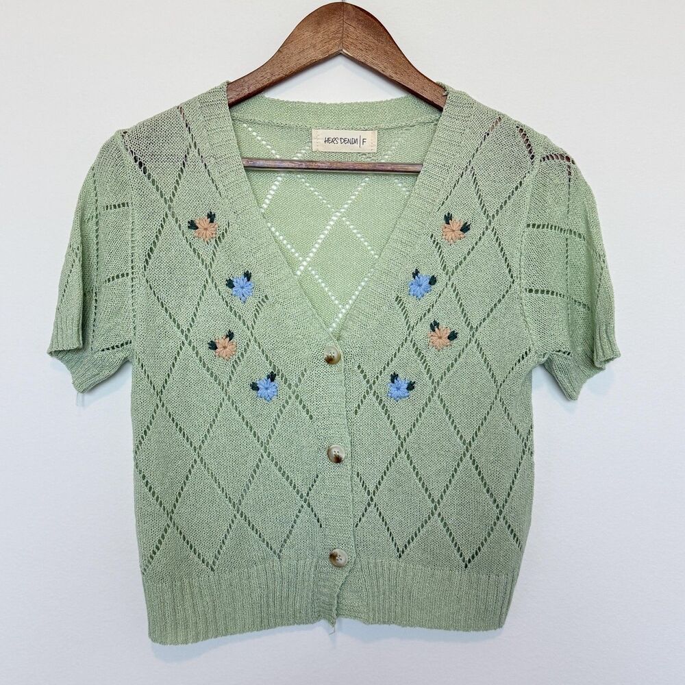 Hand-Knit Style Sage Green Short-Sleeve Cardigan Sweater